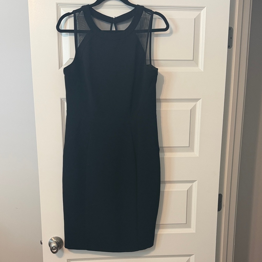 White House Black Market Black Midi Sheath Dress with Mesh Yoke
